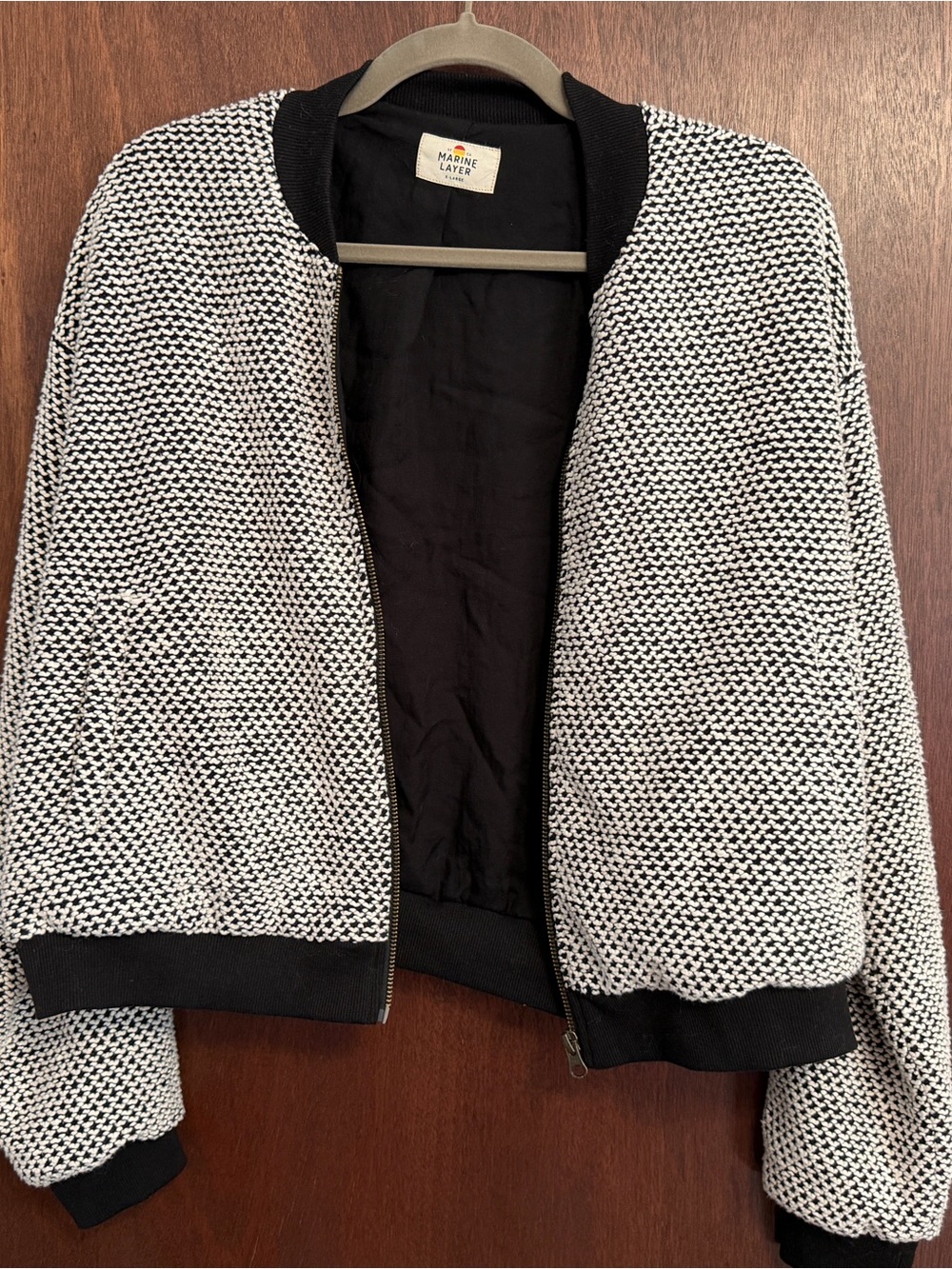 ~ Marine Layer ~Black & White Knit Bomber with Black Ribbed Trim